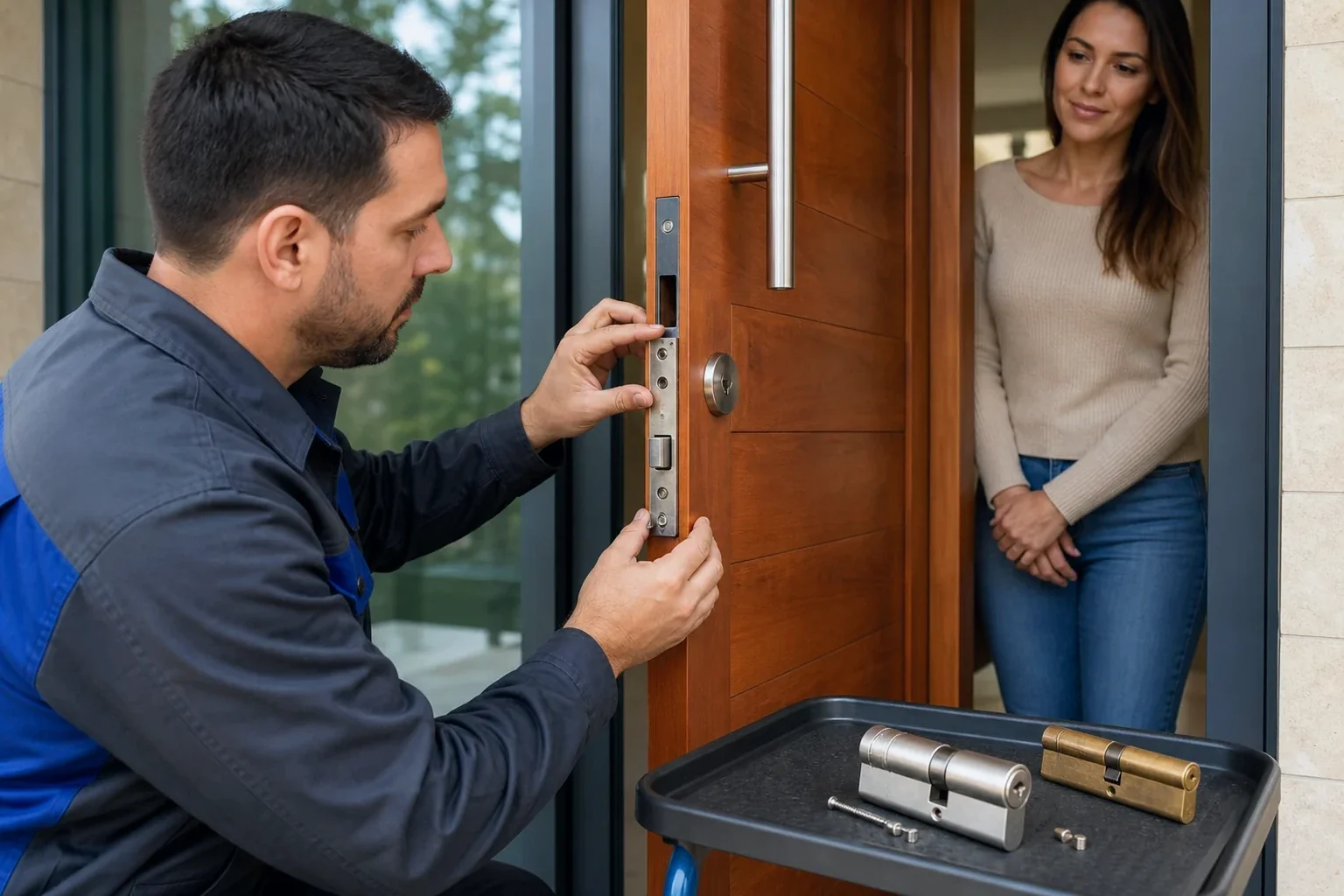 Chaveiro fazendo a troca de uma fechadura em uma porta em Vitória da Conquista.