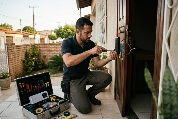 Chaveiro instalando um sistema de segurança em uma residência em Vitória da Conquista.
