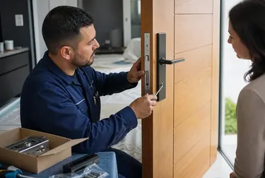 Chaveiro instalando uma fechadura em uma porta em Vitória da Conquista.